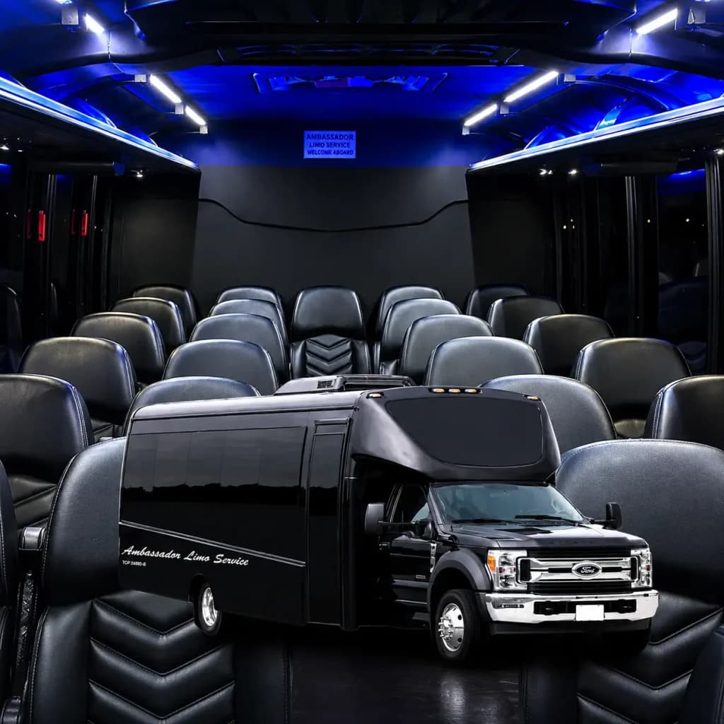 Interior of an Ambassador Buses executive shuttle bus with premium seating