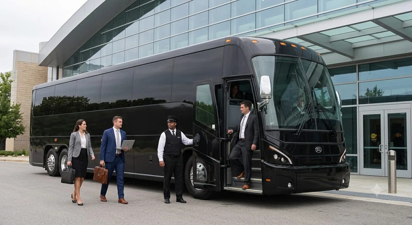 Corporate travelers boarding an Ambassador Buses motor coach with a chauffeur
