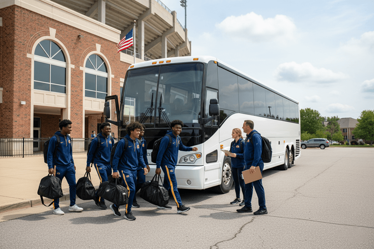 A sports team boarding an Ambassador Buses motor coach outside a stadium